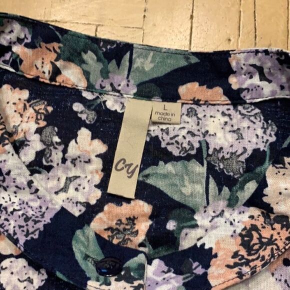 Navy Blue Floral Long Sleeve Top Key Hole Neck L - Picture 9 of 11